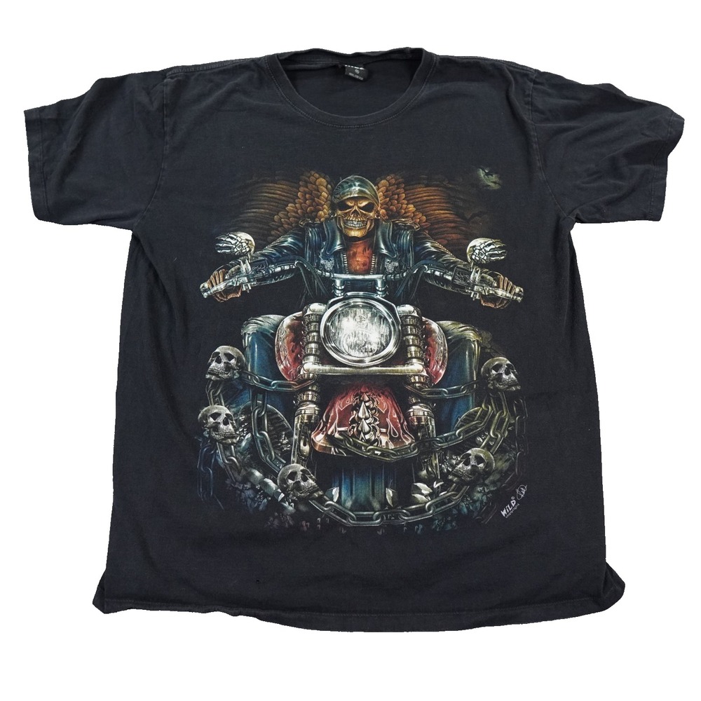 Wild Biker T Shirt Mens XL Black Skull Motorcycle Double Sided Graphic Tee
